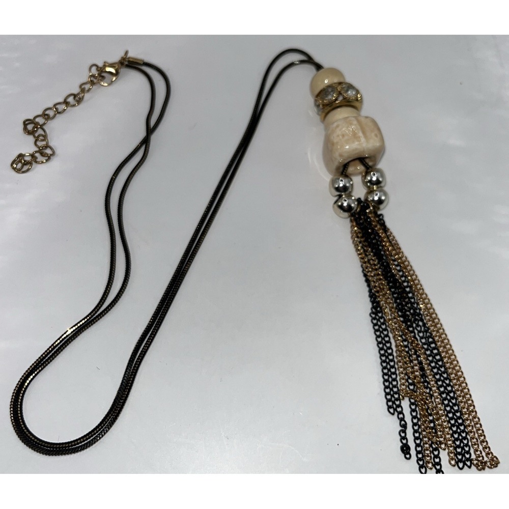 Necklace Gold Black Chain & Tassel Stone Faceted Crystals Gold Tone Beads Witchy
